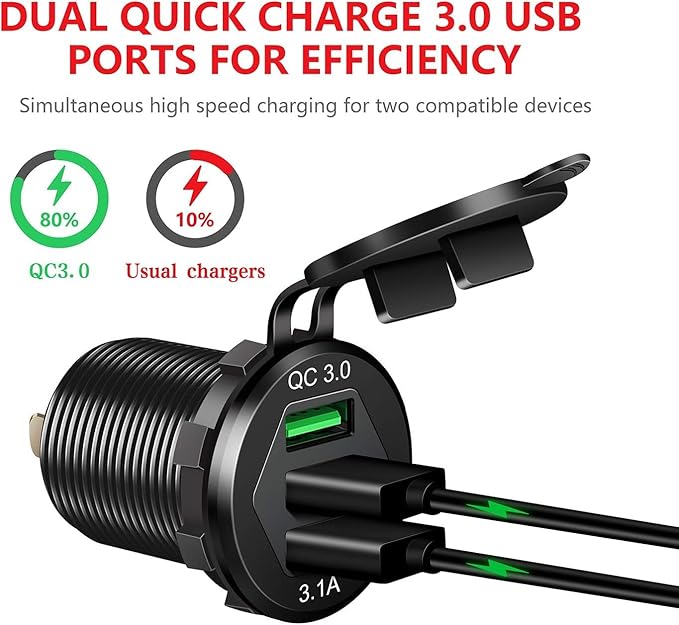 Quick Charge 3.0 Car Charger, Marine Grade 12V/24V 35W QC3.0/2.0 USB Socket, IP66 Waterproof 3-Port Fast Charging with Wire Fuse Aluminum for Car Boat Marine ATV RV Truck Golf Cart