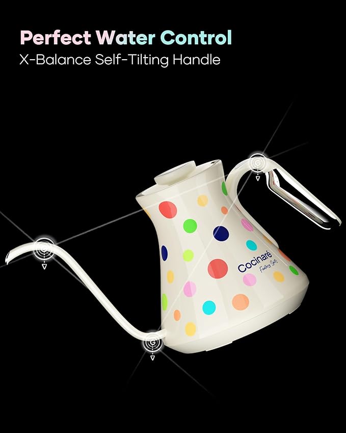 Cocinare Color-changing Collection Polka Gooseneck Electric Kettle, ±0.5℉ Precise Temperature Control for Pour-Over Coffee & Tea, Quick Heating 1500W, Stainless Steel Interior, 0.9L