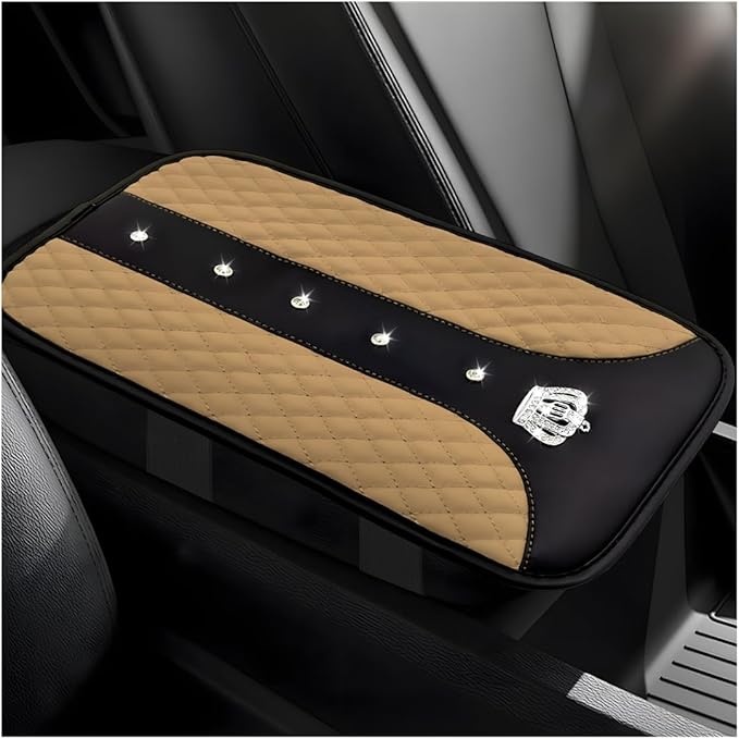 Bling Crown Car Center Console Mats, Anti-Slip and Waterproof Crystal Car Armrest Pad Protector, Universal Rustproof Armrest Decor Cushion for Cars & SUVs, Car Accessories (Beige)