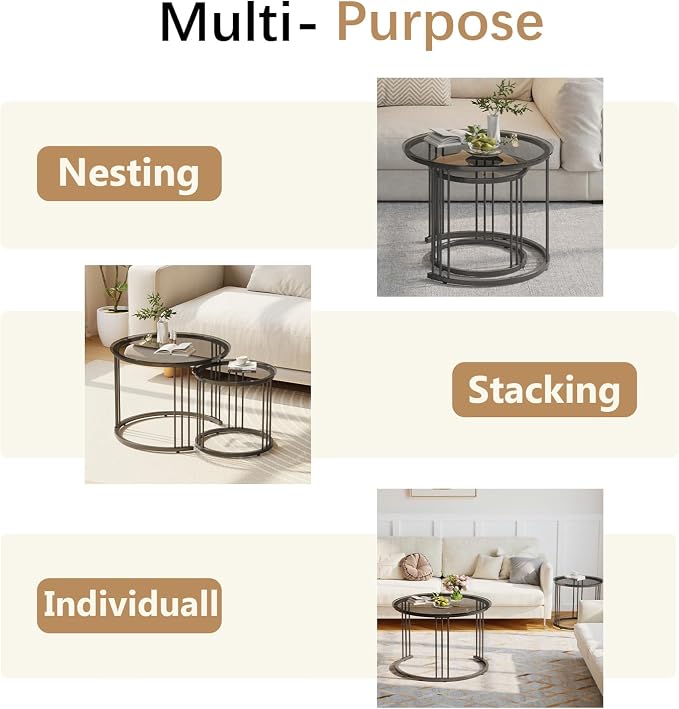 Garden 4 you Nesting Coffee Table, 23.6" Round Coffee Table Set of 2, Glass Nesting Table with Metal Frame, Ceter Tables for Living Room Bedroom Balcony, Grey