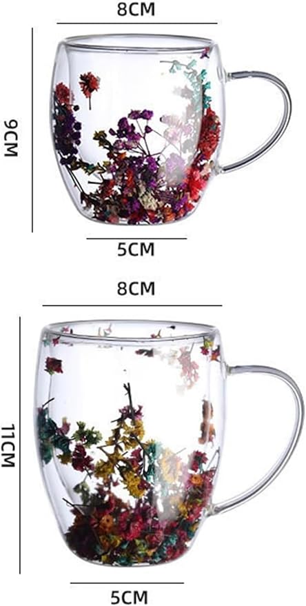 Leilanis Double Wall Glass Coffee Mug, Floral Design, Transparent Cup with Autumn Flowers (style 1)