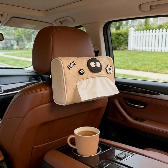 PU Leather Universal Car Tissue Organizer - Sun Visor & Backseat Holder (Beige2)