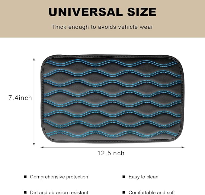 Car Center Console Pad, Waterproof Leather Armrest Seat Box Cover Protector, Non-Slip Middle Console Cushion Pad Interior Decor Fits Most Vehicles, Car Accessories (Black & Blue)