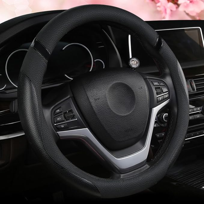 Cxtiy Car Steering Wheel Cover for Men Women Universal Leather Steering Covers for Car SUV (Full-Black)