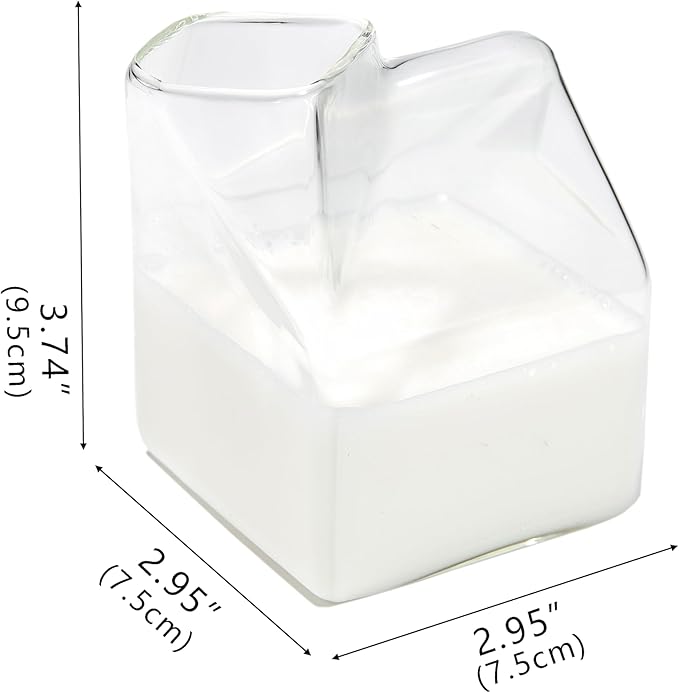 Glass Milk Carton Creamer Pitcher Cute Clear Kawaii Milk Carton Cup Mini Creamer Pitcher Container 12 Oz, 1Pcs