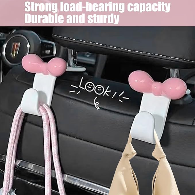 BELOMI 4PCS Car Seat Headrest Hooks, Cute Bow Vehicle Back Seat Hanger for Purses Bag, Auto Interior Backseat Storage Hanging Organizer Accessories, Universal for SUV Sedan Truck (White)