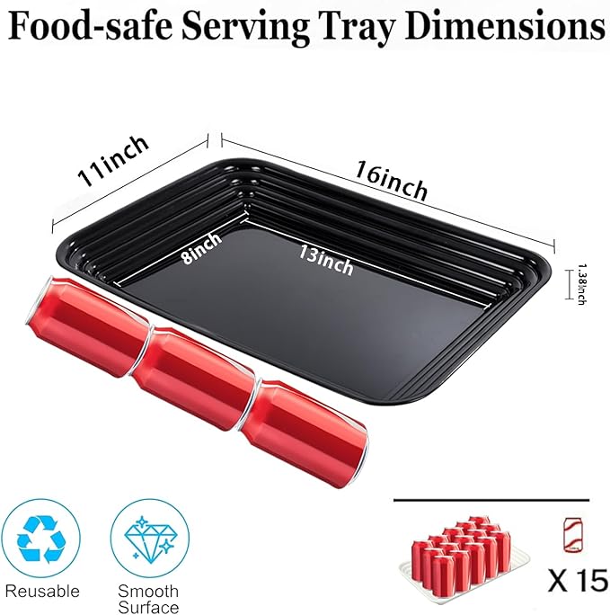 SUT 6-Pack Black Serving Trays for Entertaining-16 x 11" Serving Platters for Snacks, Fruit, Cookies Reusable Plastic Trays for Party