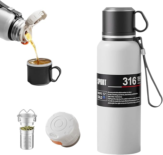 Double wall vacuum Leakproof stainless steel wide mouth insulated water bottle;tea tumbler with tea strainer infuser basket,cup and lid; travel coffee thermoses hot drinks;portable cold thermal flask