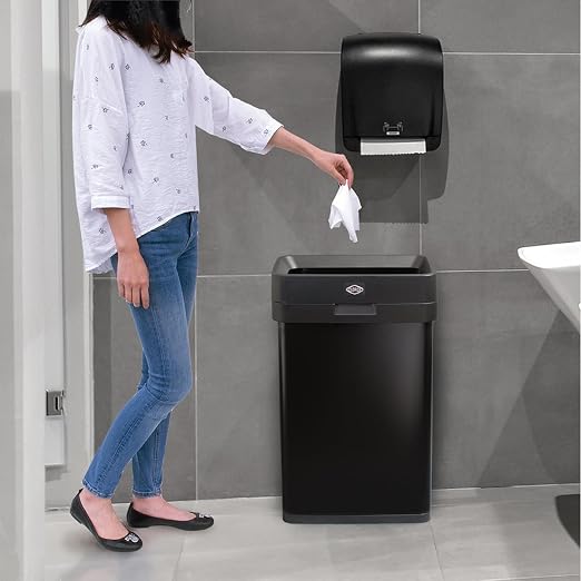 Clorox 13 Gallon Trash Can - 50L Slim Open Top Garbage Bin for Commercial Spaces, Kitchen, Office - Narrow Rectangular Black Stainless Steel Body with Hinged Rim Protection