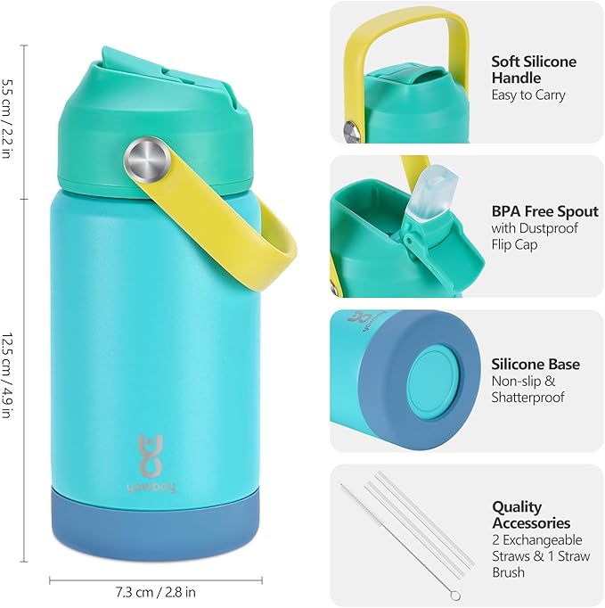 Kids Water Bottle for School 12 oz,Stainless Steel Insulated Water Bottles,Pink Water Bottles for Toddler Girls Boys with Straw Lids & Handle(Blue)