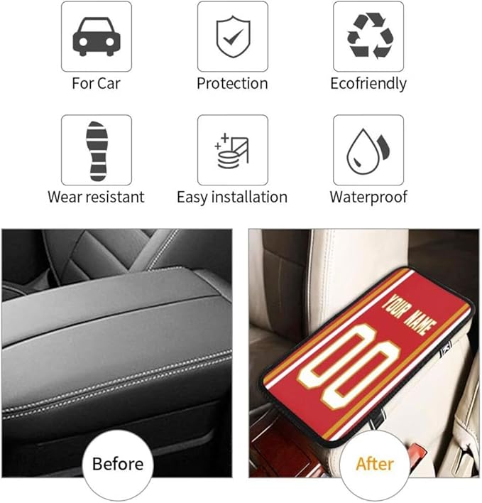 Custom Car Armrest Cover,Add Personalized Name and Number As Gifts for Loyal Football Fans,American Football Auto Center Console Pad Car handrail Box Cushion,Fit for Most Car Seat Box Cover Protector