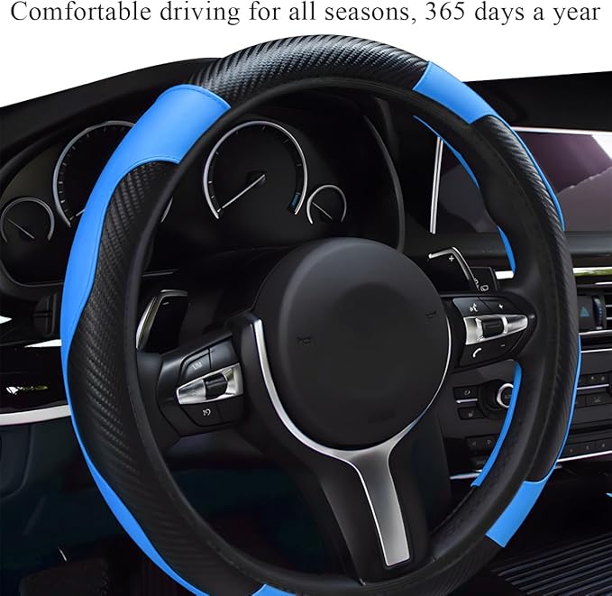 Elastic Steering Wheel Cover - Microfiber Leather Carbon Fiber Protector with Anti-Slip Lining - Black+Blue