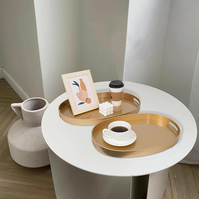 MAONAME Gold Serving Trays with Handles, Oval Decorative Tray for Coffee Table, Nesting Trays Set of 2, Plastic Vanity Tray for Ottoman, Living Room