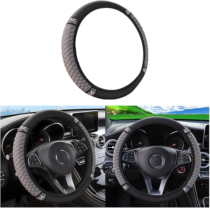Leather Car Steering Wheel Cover, 15 Inch Colorful Rhinestones Elastic Auto Steering Wheel Protector, Bling Steering Wheel Cover for Women Men, Car Accessories for Cars, Vehicles, SUVs (Gray)