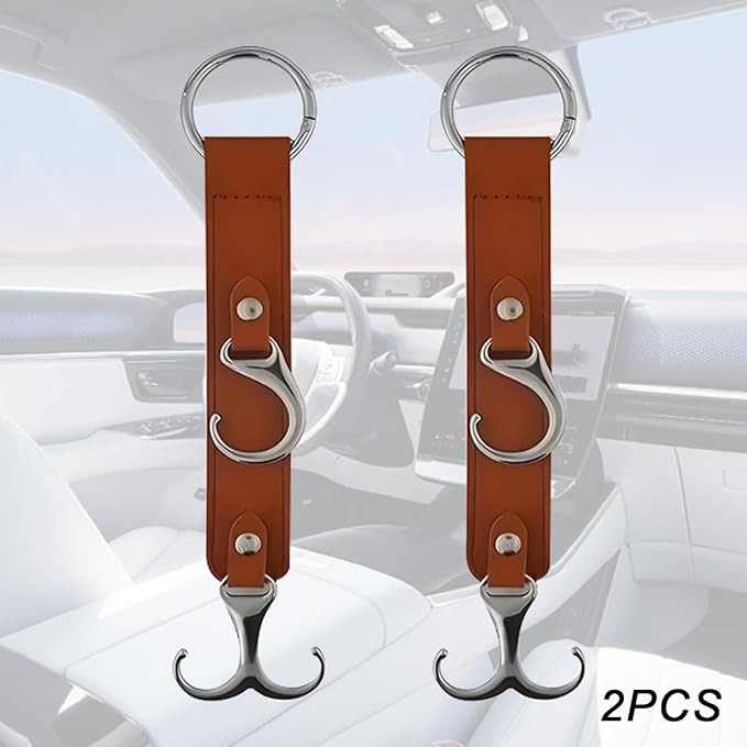 Car Seat Headrest Hook, 2PCS 3 in 1 Leather Vehicle Seat Back Hanger Holder for Grocery Purse Cloth Handbag, Automotive Backseat Storage Organizer, Universal for Truck SUV Sedan (Brown)