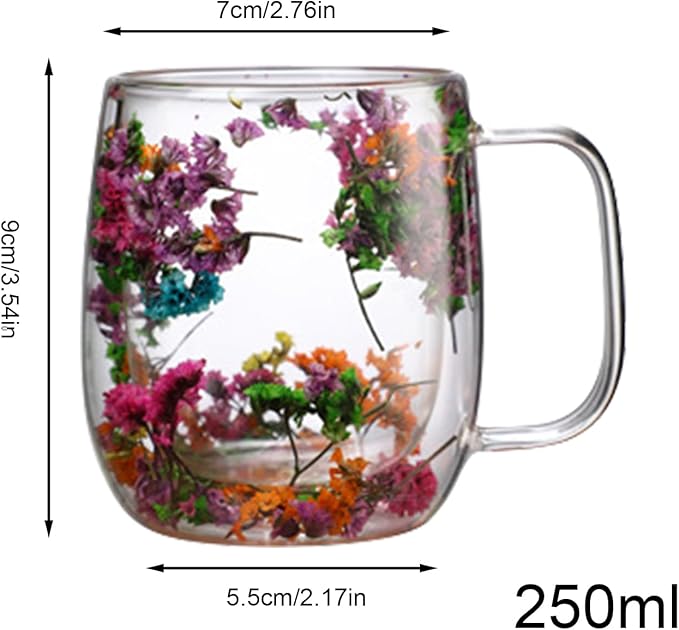 Dried Flowers Insulated Glass Double Wall Coffee Mug With Handle 250ml/390ml Transparent Double Glases Flower Tea Cup Latte Coffee Cup Borosilicate Glass Tea Mug