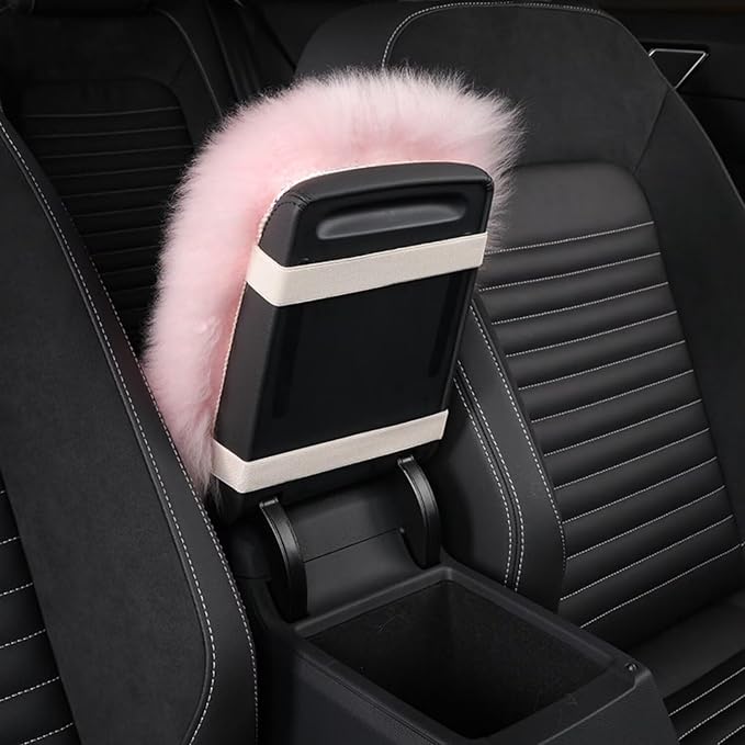 Wool Car Center Console Cover,Universal Fluffy Sheepskin Car Armrest Pad,Car Interior Accessory for Women Men,Armrest Cover Protector for Cars,Vehicles,SUV Pink