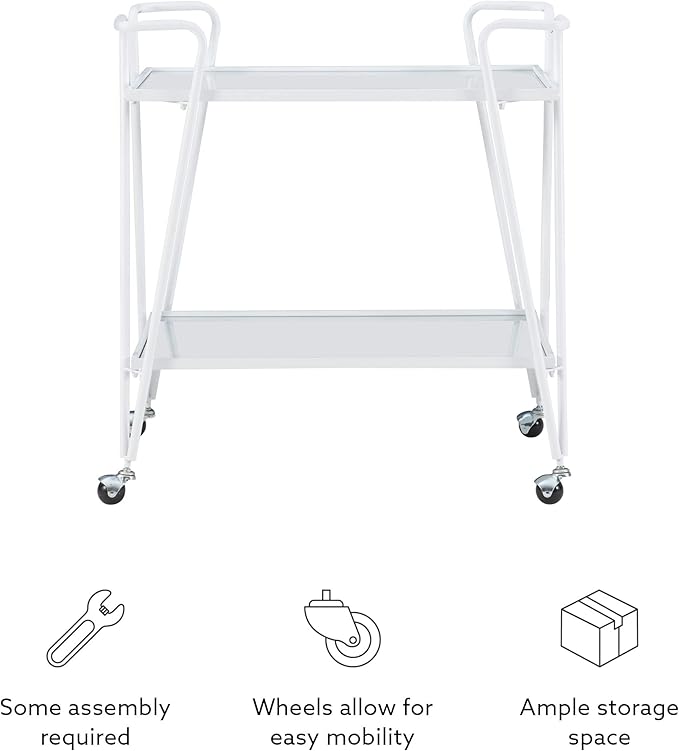 Gina White Mid-Century Bar Cart with Mirrored Shelves and Locking Wheels by Linon