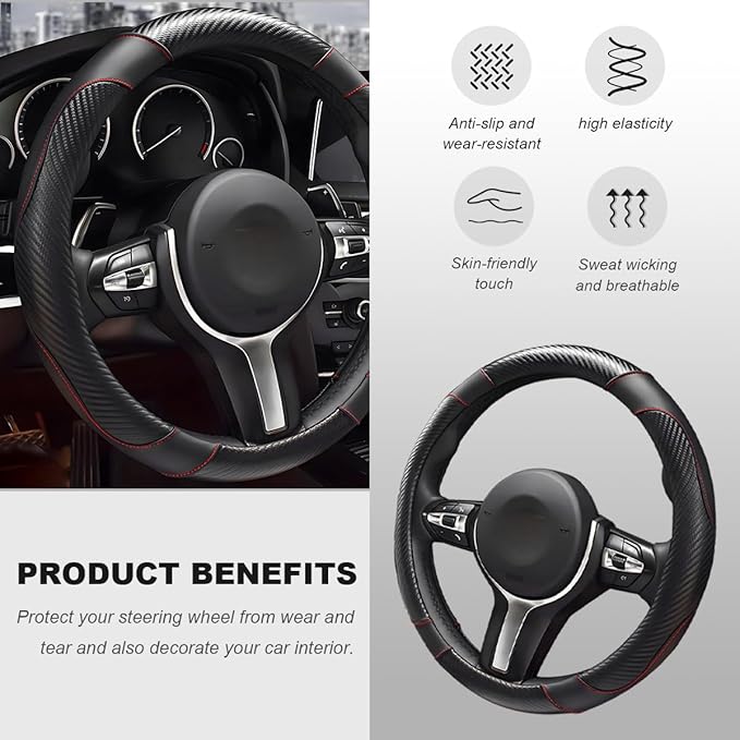Car Steering Wheel Cover, 15 Inch Carbon Fiber Elastic Vehicle Steering Wheel Protector, Breathable Leather Auto Wheel Covers for Women Men, Interior Car Accessories (Black)
