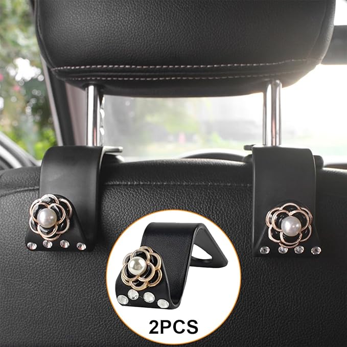 Bling Car Seat Headrest Hook, 2PCS Crystal Rhinestone Vehicle Purse Bags Holder, Diamond Automotive Interior Backseat Storage Hanger Accessories, Universal for SUV, Sedan, Truck (Black)