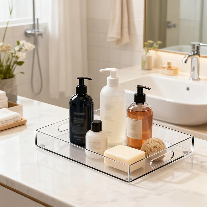 16x12 Inch Clear Acrylic Serving Tray for Display and Organizing A Decorative Tray with Handle Easy to Carry Use Kitchen Serving Trays Bathtub Tray Living Room Storage Tray Life Storage Tray