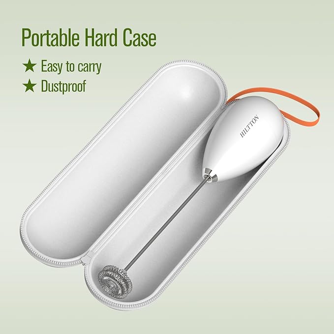 Hiltton Rechargeable Milk Frother with Stand & Travel Pouch – Portable Electric Handheld Frother, Stainless Steel Waterproof Detachable Whisk, Drink Mixer for Lattes, Cappuccinos & More (White)