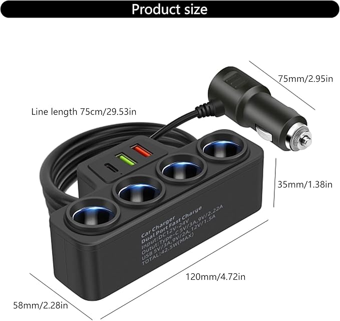 Type C USB Car Charging Adapter 12V/24V Vehicles Power Socket Splitter for Dashcam/Phones Safe Charging Black