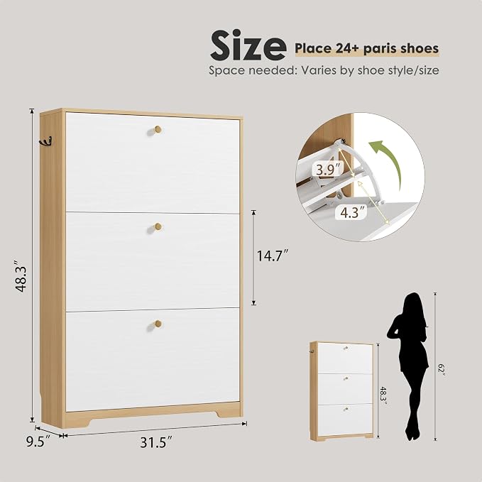 Nicetree Shoe Cabinet with 3 Flip Drawers，Freestanding Shoe Storage Cabinet, Narrow Shoe Organizer Cabinet, Farmhouse Slim Shoe Rack Cabinet for Entryway, Natural Oak and White with Hook