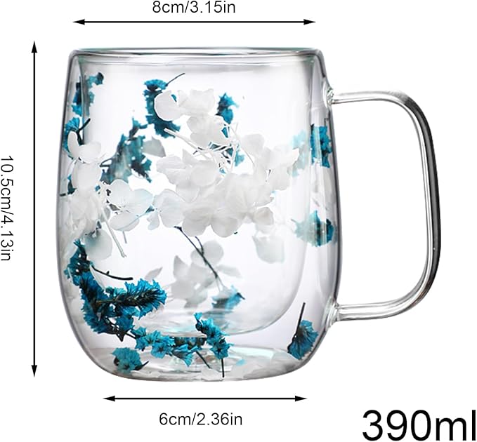 Dried Flowers Insulated Glass Double Wall Coffee Mug With Handle 250ml/390ml Transparent Double Glases Flower Tea Cup Latte Coffee Cup Borosilicate Glass Tea Mug