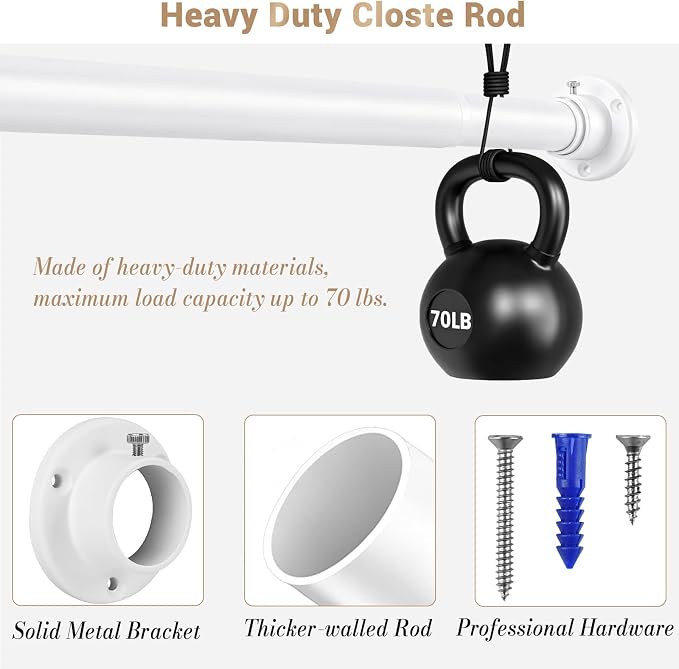 Closet Rod Adjustable 17 to 38 Inch, 1-1/4” Diameter, Closet Rods for Hanging Clothes, Stepless Metal Heavy Duty Hanging Rod for Closet Wardrobes Laundry RV (White)