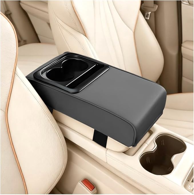 Car Center Console Armrest Pillow, Leather Vehicle Middle Console Protection Cushion with Cup & Phone Holder, Waterproof Automotive Arm Rest Box Cover Accessories, Universal Fit (Gray)