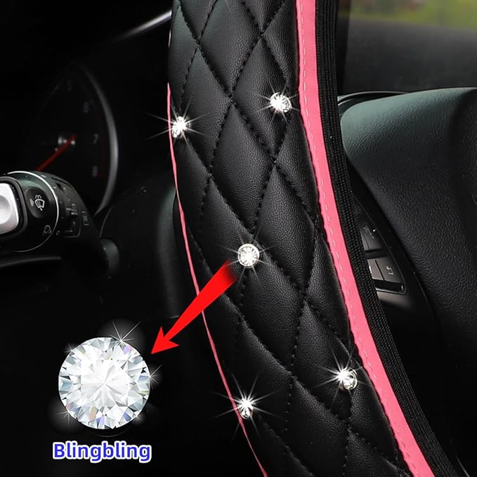 Bling Car Steering Wheel Cover, Rhinestones Elastic Leather Automotive Steering Wheel Protector, 15 Inch Sparkly Crystal Vehicle Interior Decor Accessories, Universal Fit (Pink)
