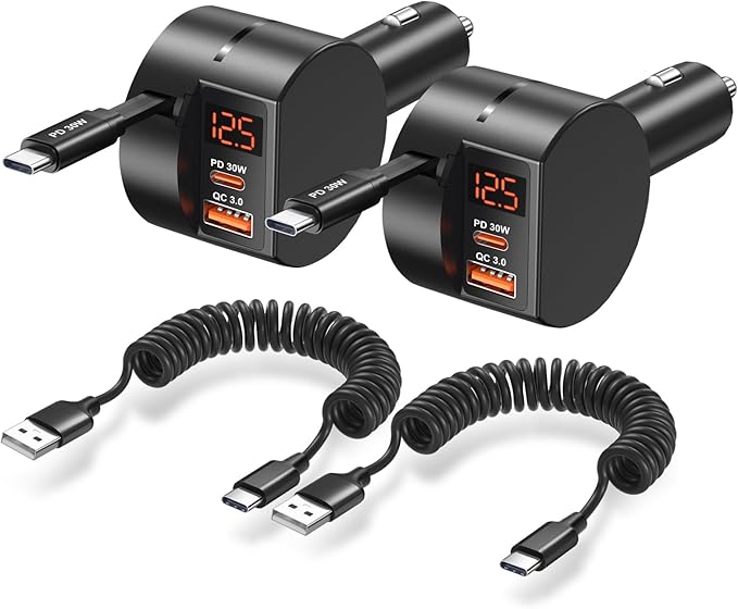 78W Retractable Car Charger USB C, OKRAY 3-Port 12v Cigarette Lighter Adapter PD30W Fast Charging Type C Car Phone Charger & Coiled USB C Cables for iPhone 17 Air 16 15 Pro, Samsung Galaxy S25 S24 A16