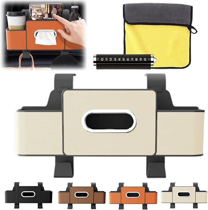 3-in-1 Car Backseat Organizer, Car Organizers and Storage Box with 2 Cup Holders & 4 Hooks, Multifunctional Car Seat Back Storage Box with Tissue Box, for Phone, Snacks, Drinks, Handbag (White, 1PC)