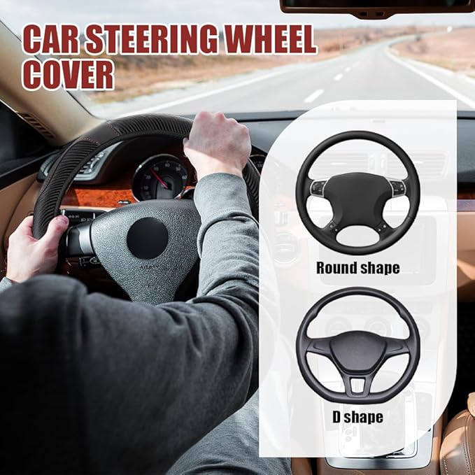 Car Steering Wheel Cover, Steering Wheel Protector, Universal 14.5-15 Inch Microfiber Leather Breathable Auto Steering Wheel Covers, Carbon Fiber Steering Wheel Cover for Women Men (Black)