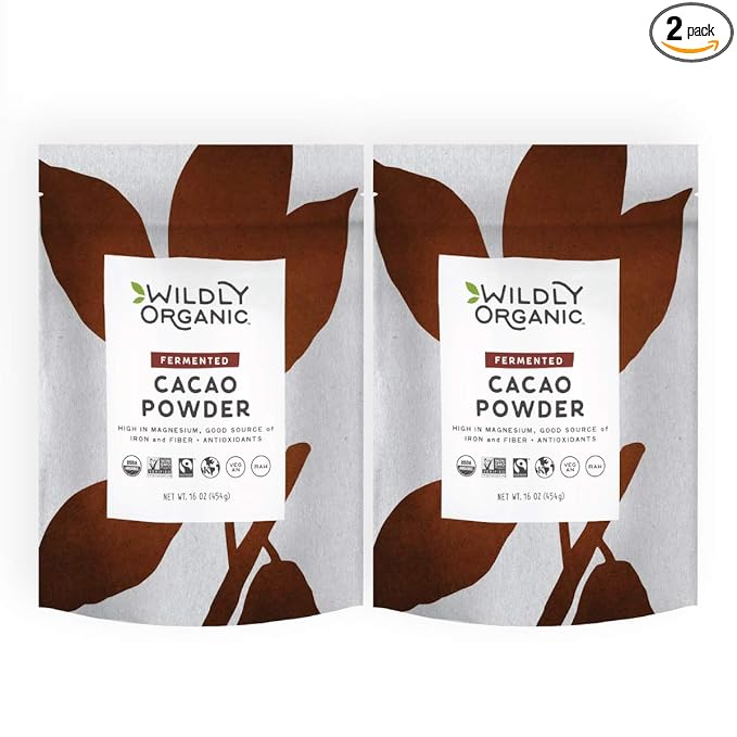 Wildly Organic Fermented Cacao Powder 2-Pack 16 Oz, 1 lb Bags - Organic, Non-Alkalized, High in Antioxidants, Raw, Unprocessed, Fair Trade, Non-GMO, Kosher, Vegan, Premium Rich Chocolate Flavor - Perfect for Skin, Smoothies, Yogurt, Oatmeal, Chocolate,...