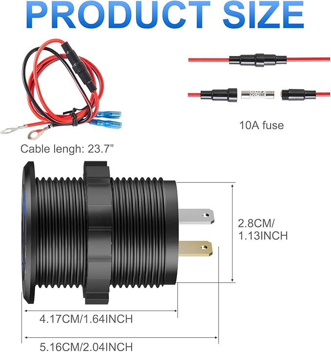 12V USB Aluminum Car Charger Socket PD 3.0 Type C and Dual Quick Charge 3.0 USB Port Multiple Waterproof 12V/24V USB Outlet with Touch Switch Fuse Wire Kit for Car Boat Marine RV Motorcycle, etc.