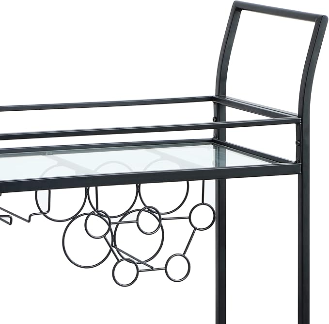 FirsTime & Co. Black Francesca Bar Cart, 2 Tier Mobile Mini Bar, Kitchen Serving Cart and Coffee Station with Storage for Wine and Glasses, Metal and Glass, Modern