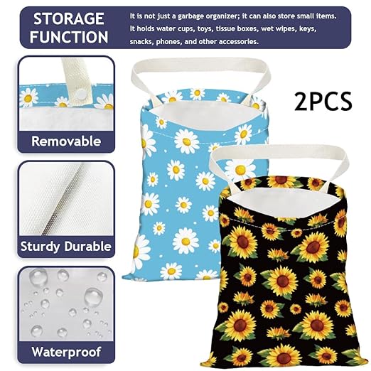 2PCS Daisy Sunflower Print Car Trash Bag Portable Waterproof Hanging Garbage Bag with Snap Buttons Back Seat Reusable Rubbish Storage Dustbin for Car Interior Accessories Kitchen Home Travel