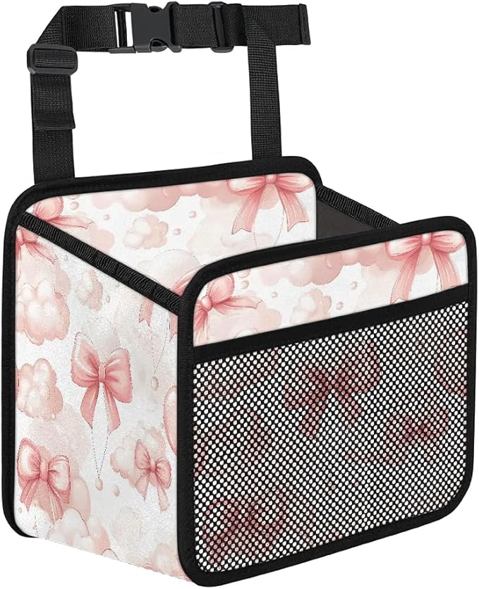 Pink Bows Clouds Car Backseat Organizer PU Leather Automotive Back Seat Storage Bag Universal Hanging Garbage Box Travel Accessories Foldable