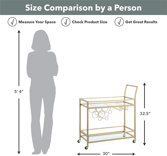 FirsTime & Co. Gold Francesca Bar Cart, 2 Tier Mobile Mini Bar, Kitchen Serving Cart and Coffee Station with Storage for Wine and Glasses, Metal and Glass, Modern