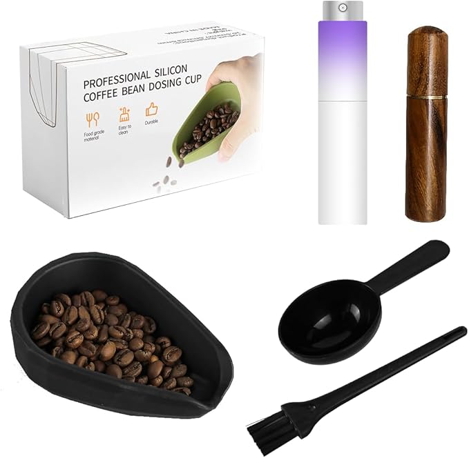 5 Pack Professional Silicone Coffee Bean Dosing Cup, Spray Bottle, WDT Espresso Coffee Stirrer Tool, Bean Spoon, Cleaning Brush，Coffee Bar Accessories for Static Reduction (Black)
