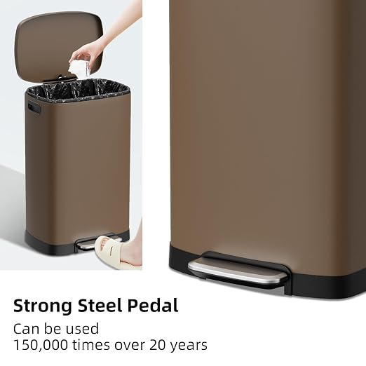 KdbK 13 Gallon Trash Can with Lid, 50L Fingerprint Proof Stainless Steel Kitchen Trash Can with Removable Inner Bucket and Lid Soft Close, Pedal Rubbish Bin for Home Office, Brown