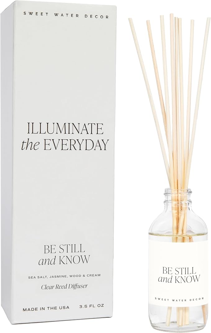 Sweet Water Decor Be Still & Know Clear Reed Diffuser Set – Aromatherapy Home Fragrance with Sea Salt, Jasmine, Cream & Wood Notes – Long-Lasting Scent for Bedroom & Bathroom – Lasts Up to 4 Months