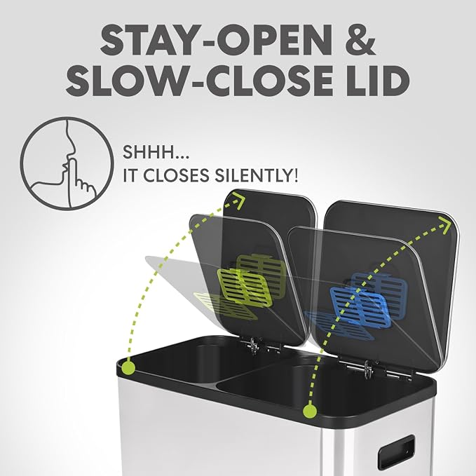 Simpli-Magic 70 Liter / 18.5 Gallon Rectangular Hands-Free Dual Compartment Recycling Kitchen Step Trash Can with Soft-Close Single Lid, Stainless Steel (40L x 30L Capacity), White