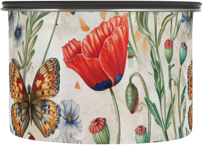 ALAZA Red Poppy Flowers Butterfly Airtight Coffee Bean Canister 500ml Food Storage Containers with Lids For Gournd, Tea, Sugar, Flour, Rice, Cereal, Candy Cookie Jar