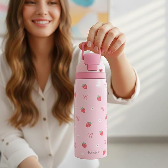 Strawberry Bow Insulated Stainless Steel Water Bottle with Straw for Sports and Travel, 32oz, Gifts for Women Girls Friends Teens Birthday Christmas