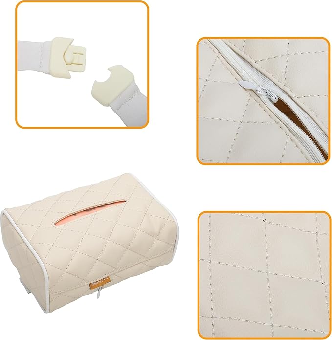 PU Leather Universal Car Tissue Organizer - Sun Visor & Backseat Holder (Beige2)