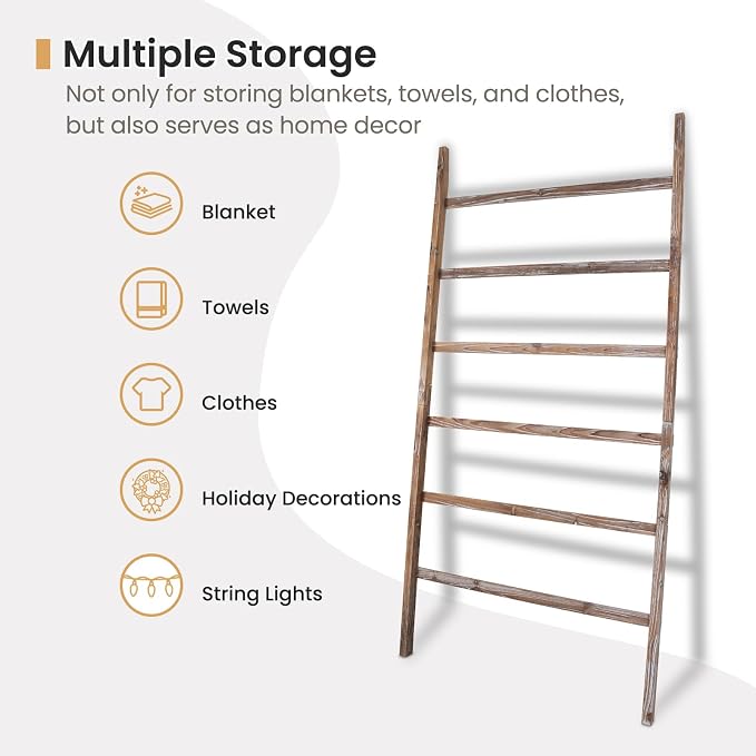 SwaaVee Quilt Ladder 6-Tier Towel Rack, Wooden Decorative Blanket Ladder Shelf for Home Decor, Wall Leaning Farmhouse Quilt Display Towel Holder Organizer for Living Room, Bathroom (38" Wide)