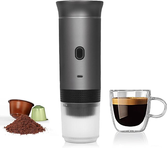 LumoShine Portable Espresso Machine, Mini Espresso Maker, Self Heating Coffee Maker Compatible with Ground Coffee, Capsule for Camping RV Hiking Outdoor Travel (Gray)